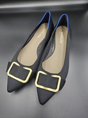 Rothy’s The Emblem Point II Black Pointed Toe Flats Gold Buckle Accent Size 9.5
